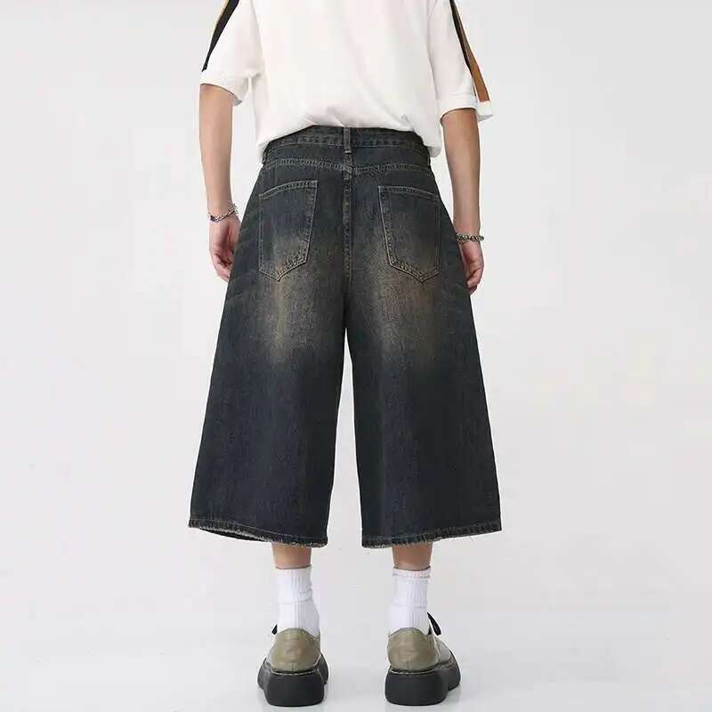BeatStreet Styl Koreański Vintage Męskie Jeansowe Szorty Letnie Luźne Męskie Szerokie Nogawki Długość do Kolan Nowe Wypłukane Modne Krótkie Spodnie Jeansowe
