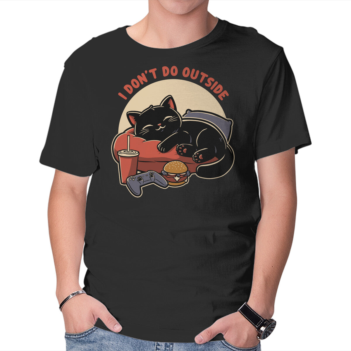 Unisex Crew Neck T-Shirt Lazy Gamer Cat Graphic Short Sleeve Casual Tee XXL