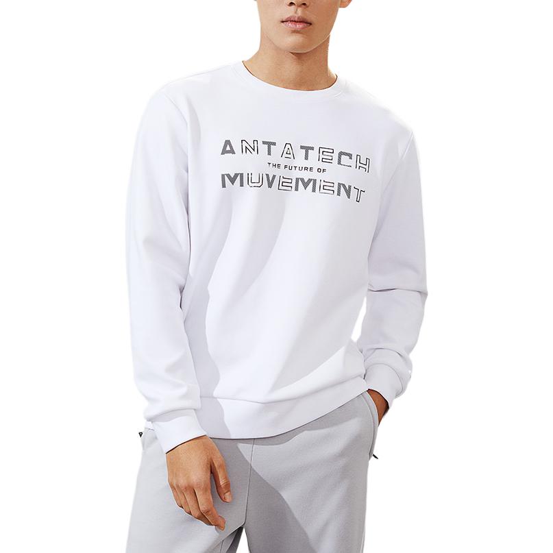 Anta Solid Color Printed Logo Crew Neck Pullover Fleece-Lined Sweatshirt Men Tops White 152247702-1