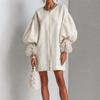 Women's Color Round Neck Mesh Panel Sleeve Loose Fit Midi Dress