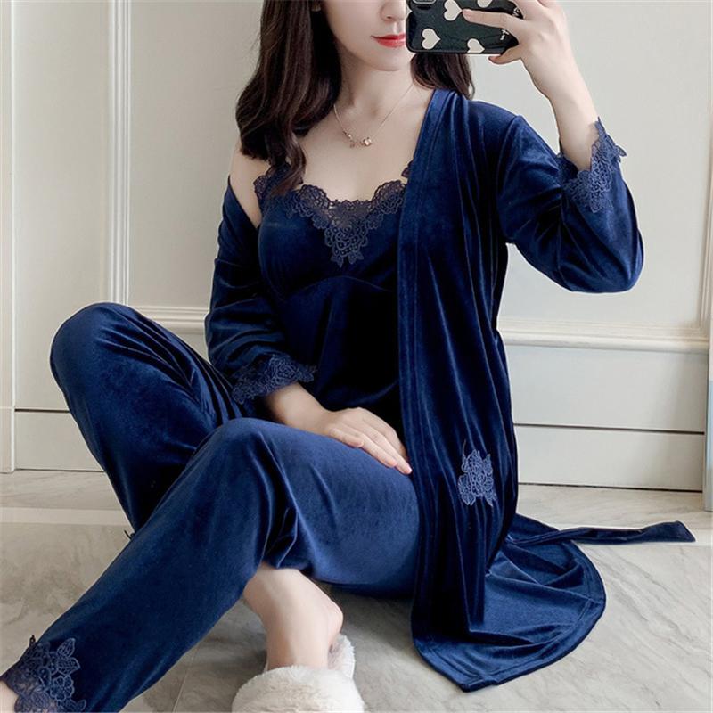 Pajamas Women's Gold Velvet Autumn/winter Suit Sling Nightdress Sexy Nightgown Four-piece Suit with Chest Pad Home Service