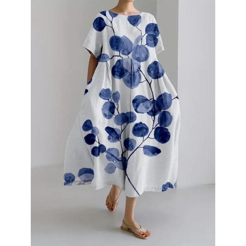 Damen Sommer Übergröße Gestreiftes Print Maxikleid, Lässiges Lockeres Rundhals Kurzarm Oversized A-Linien-Kleid