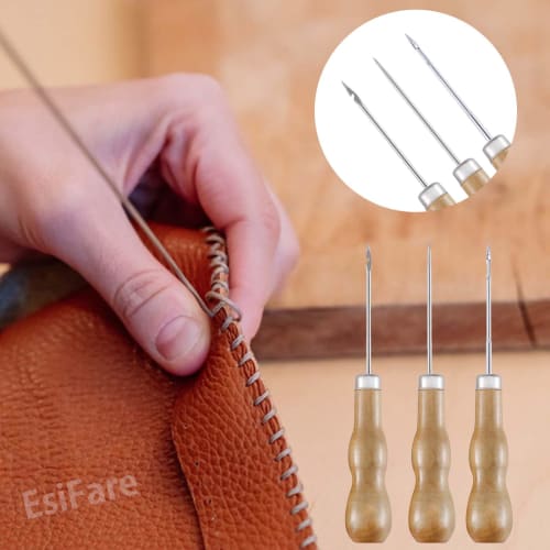 EsiFare Manual Awl (Set of 3) - Leather Awl, Wooden Awl, Sewing Awl, Handheld Sewing Machine Awl, Awl Tool, Hand Sewing Repair Tool, Handy Shoe Repair