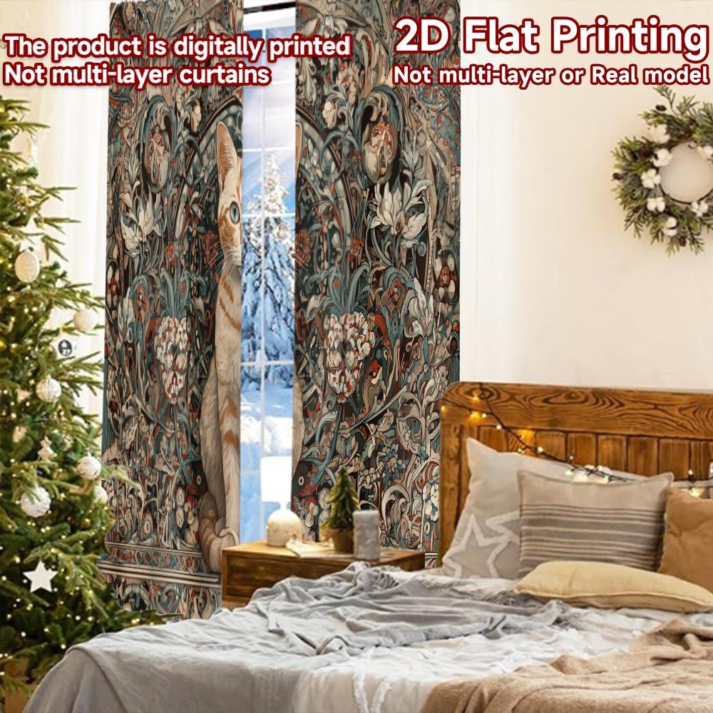 2pcs, 2D FLAT PRINTING Curtains (Without Rod) Mystic Cat Mandala Minimalist Holiday Curtains Versatile Fabric Curtains Art Deco