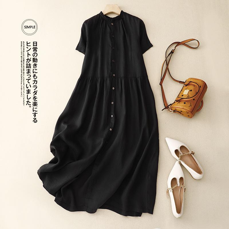 2025 summer fungus collar short-sleeved cotton and linen dress women's casual loose can wear cardigan big swing dress front and rear