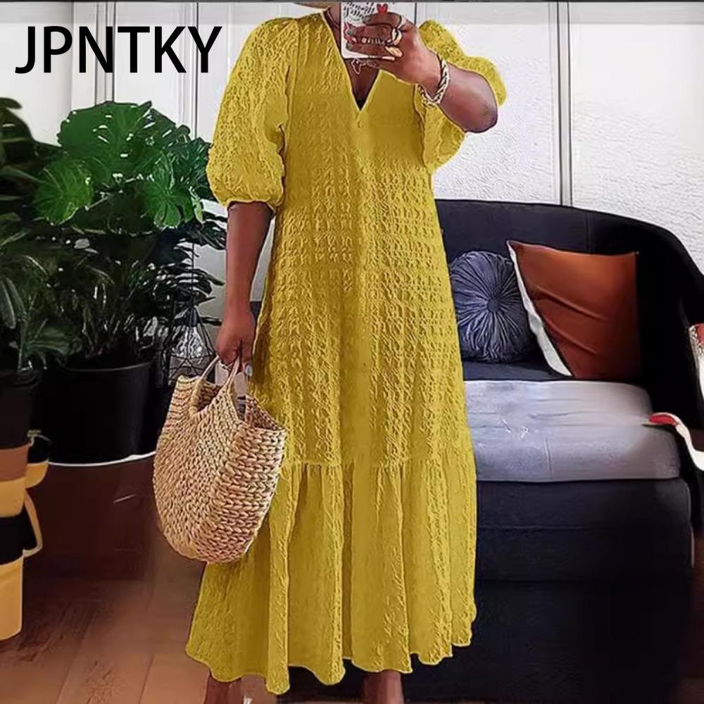 

JPNTKY Летняя женская туника для вечеринки с оборками, V-образным вырезом, пуговицами, тонкими рукавами-фонариками, повседневное свободное длинное платье-рубашка большого размера XXXXXL жёлтый