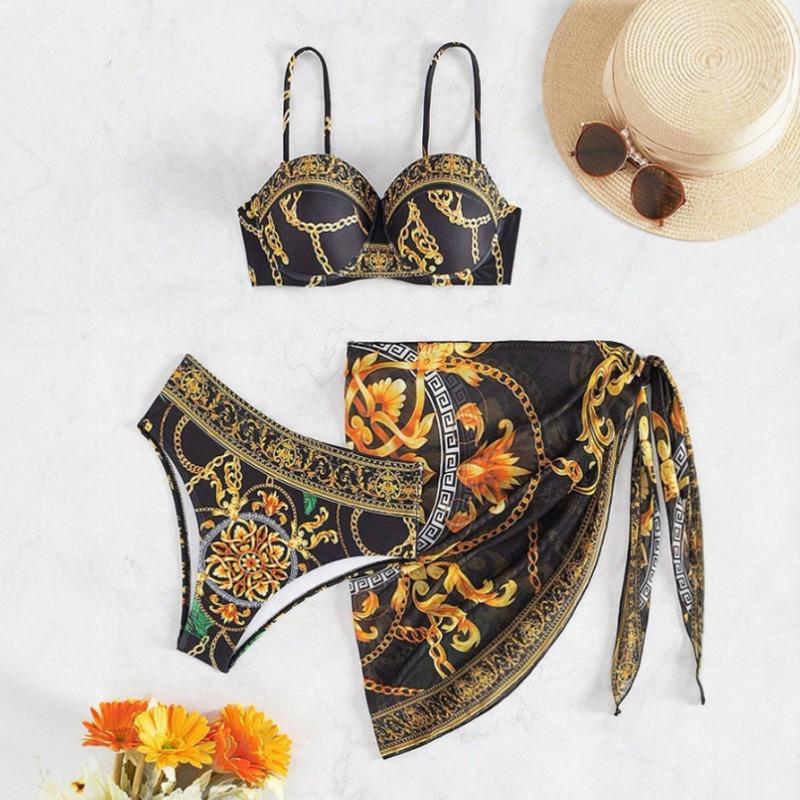 Women's Luxury Baroque Chain Print Bikini Set with Cover Up 3 Piece Swimwear