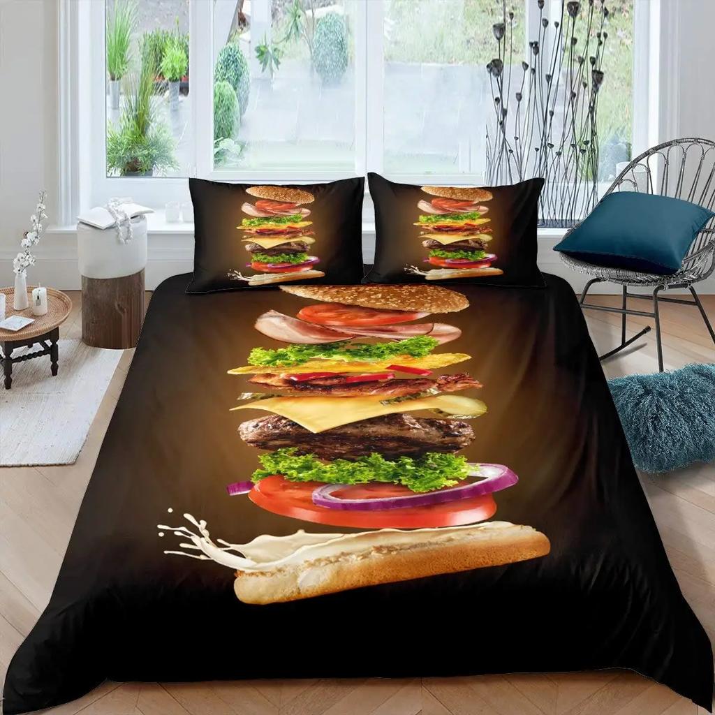 Hamburger Duvet Cover Meat Cheese Fast Food Theme Cartoon Hamburg Pattern Quilt Cover Bedroom Decoration for Children Boys Girls