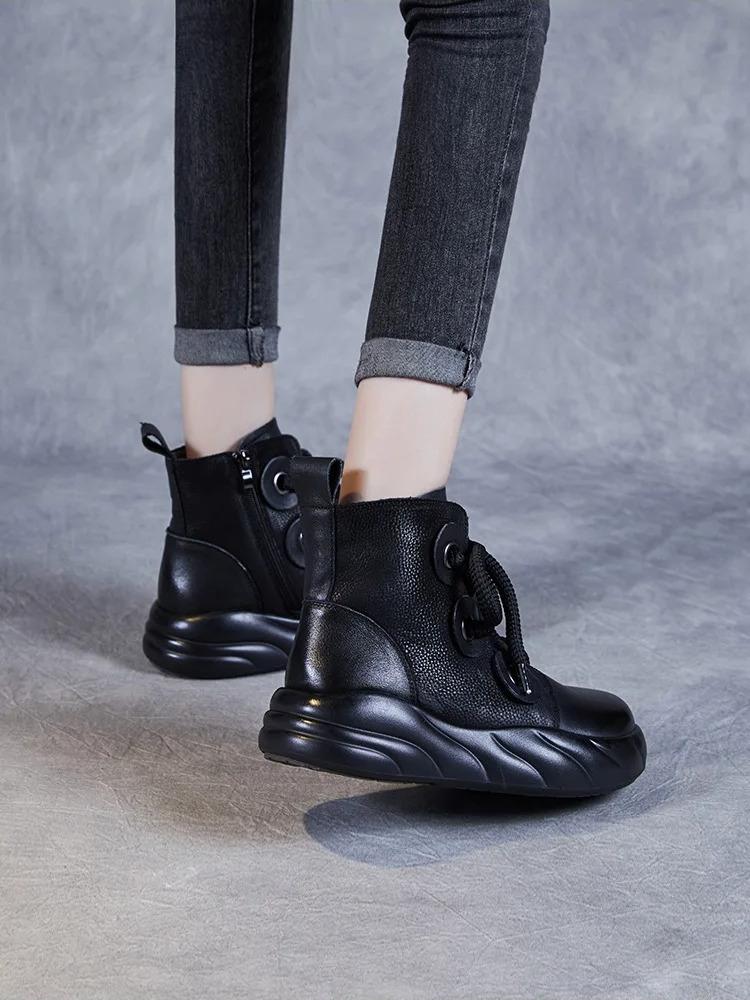 Johnature Genuine Leather Short Boots Retro Versatile Plush Warm Thick Bottom Side Zipper Women's Boots