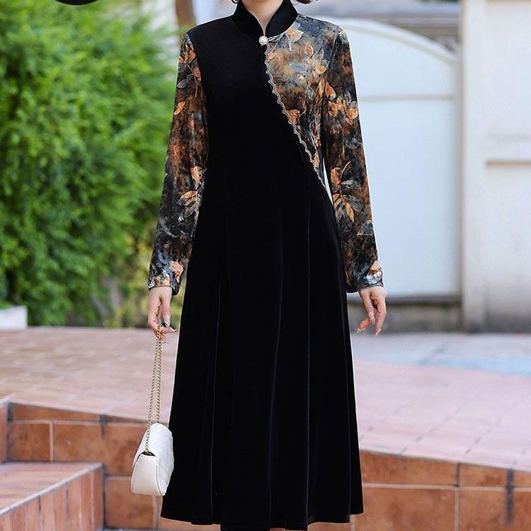 Women's Loose Plus Size Velvet Dress Color-Block Printed Velvet Long A-Line Dress