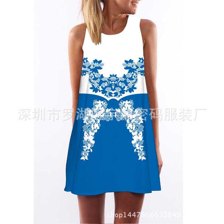 European Station European and American new digital printing crew neck hot-selling summer dress S