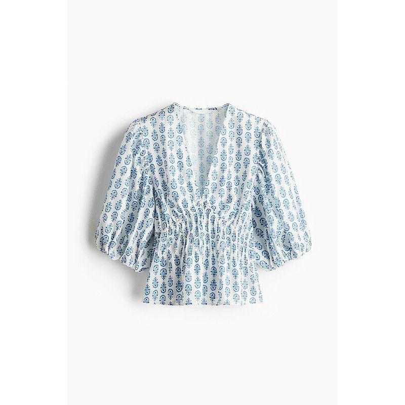 

HM Women s Shirt 2025 Autumn New Arrival Loose Florals Vacation Style V-neck 3/4 Sleeves Casual Tops 1282174