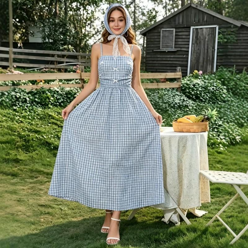 Womens Blue Plaid Slip Dress Vintage Cottagecore Long Vacation