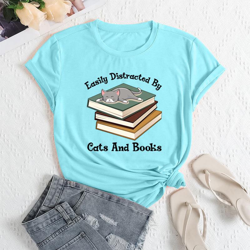 Summer Women's Fashionable Letter Cat Short Sleeved Casual Loose Cotton Round Neck Top