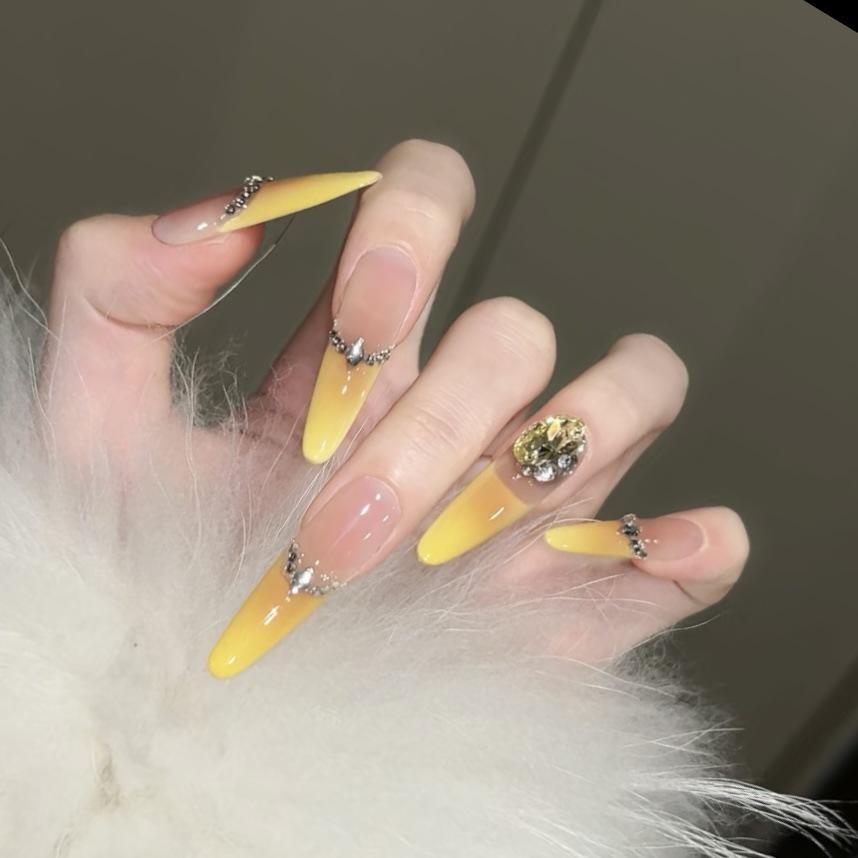 French Yellow Luxury Bling Diamond Handmade Medium-Long Blush Fake Nails