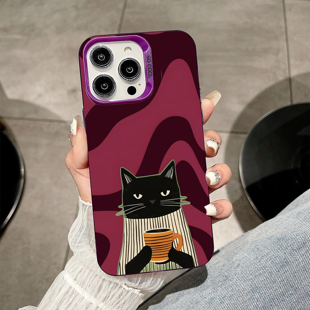 Cute Coffee Cat Purple Translucent Mobile Phone Case for iPhone 17 16 15 14 13 12 11 X XR XS Air Pro Max Plus Colorful Cover