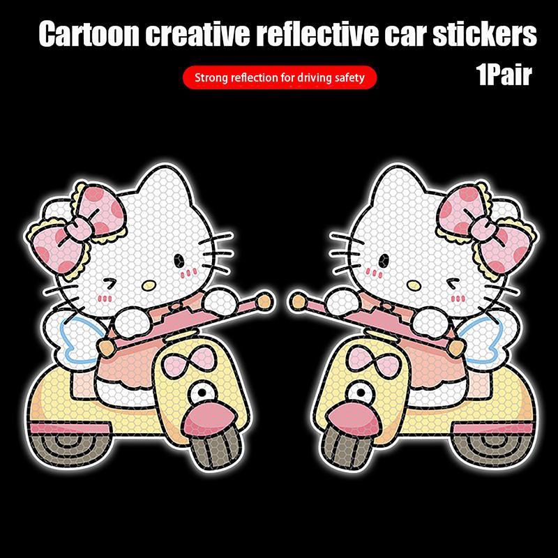 1 Pair Cartoon Sanrio Car Reflective Sticker Cute Hello Kitty Waterproof Blocking Scratches Car Warning Decoration Sticker Gifts