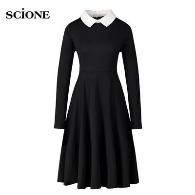 Gothic Damen Kleid Elegant A-Linie Kleider Frauen Peter Pan Kragen Langarm Schwarz Vintage Kleid