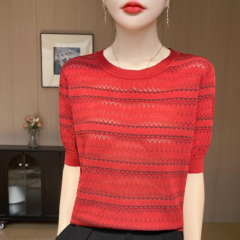 Damen Eisseide Colorblock Strick-T-Shirt - Kurzarm, Rundhalsausschnitt, Sommermode