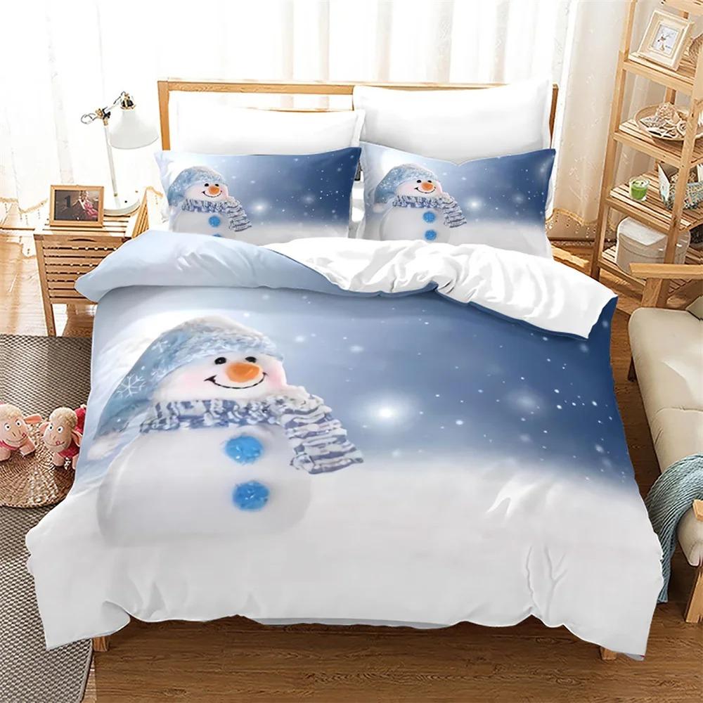 Christmas Duvet Cover Set King Queen Full Size Winter Theme Snowman Pattern Polyester Comforter Cover For Boys Festival Gift