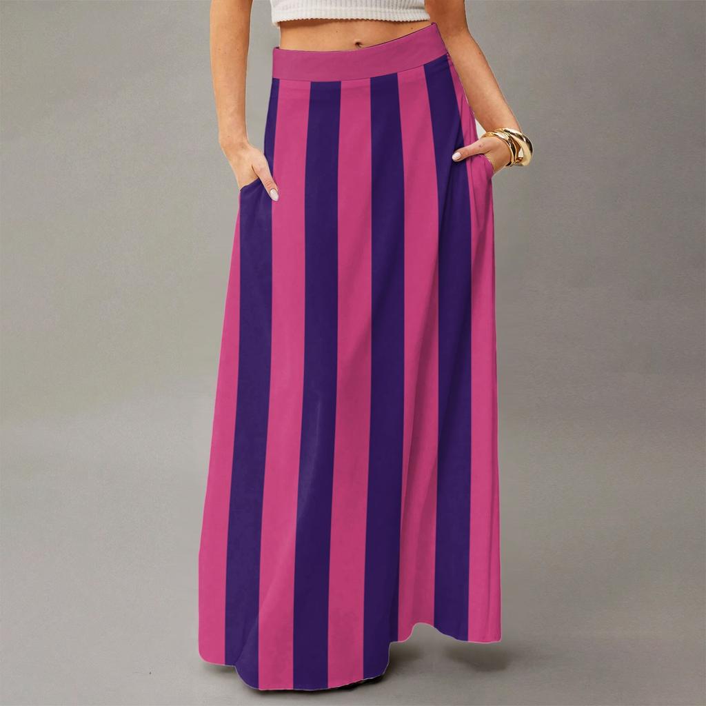 Women's Casual Leisure Foldable Striped Plaid Print High Waist With Pocket Draped  Relaxed Long Maxi Skirt