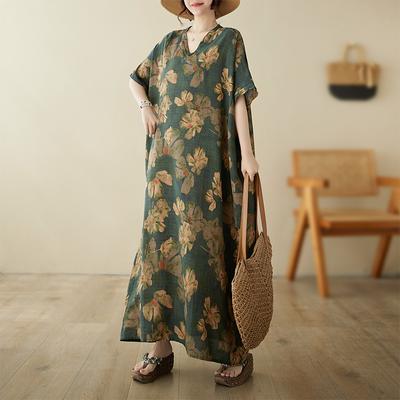 DIMANAF 2024 Plus Size Dress Women Summer V-Neck Sundress Bohemian Floral Print Loose Big Oversize Maxi Dress 9061