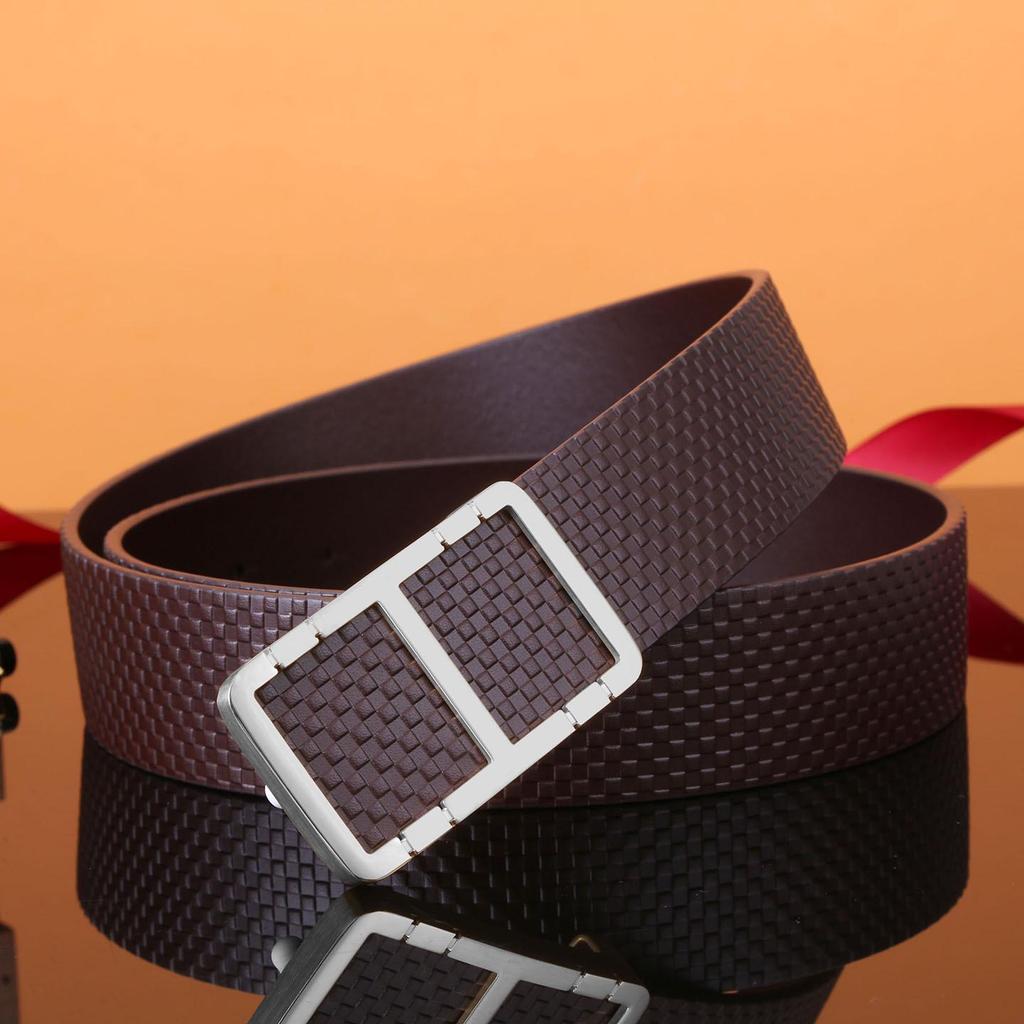 Men's Plaid Genuine Leather Belt, Pure Cowhide with Steel Smooth Buckle – Youth Business Casual Style