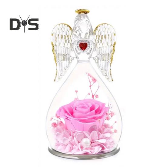 

Статуэтки Ангела Розы для женщин Вечные настоящие розы в стеклянном куполе Сохраненные цветы Стеклянный ангел Романтический подарок на День матери Рождество День рождения розовый