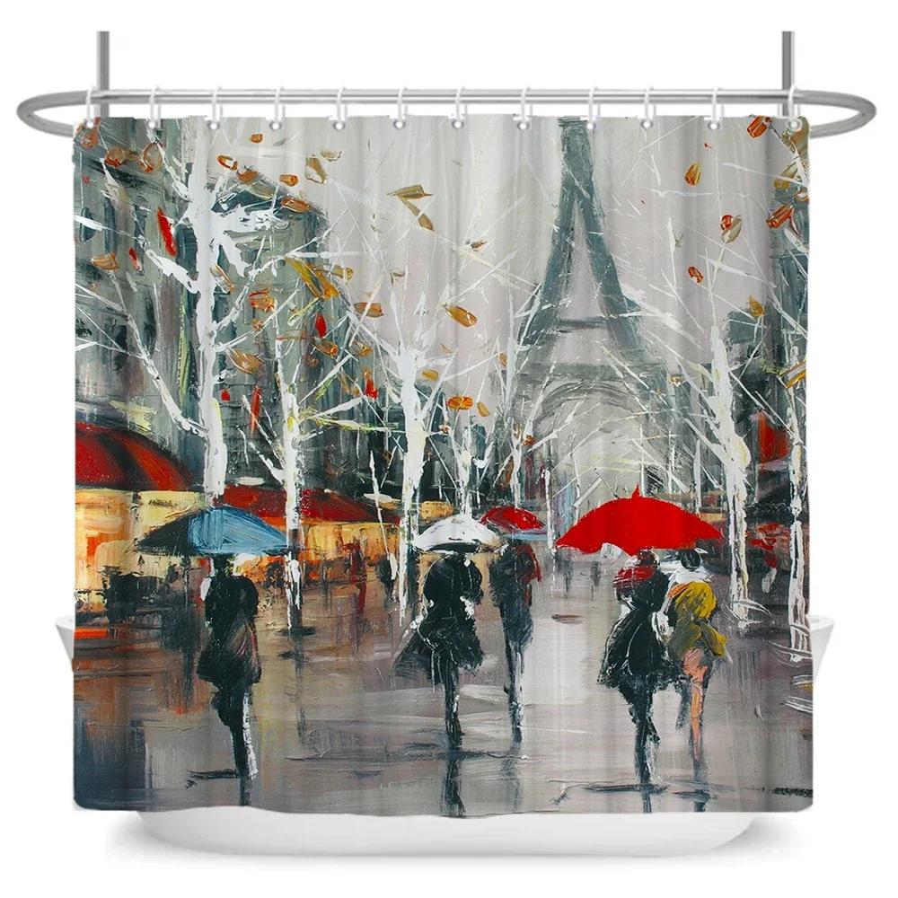 Retro Paris Tower and Flowers Shower Curtain Print Modern Nordic Minimalist Polyster Home Decor Bathroom Curtain with Hooks