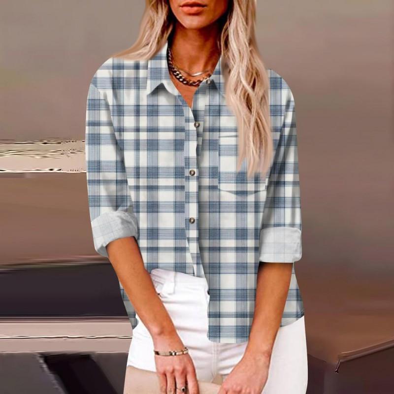 Womens Relaxed Fit Long Sleeve Shirt With 3D Digital Print Plaid Casual Cotton Linen Blouse