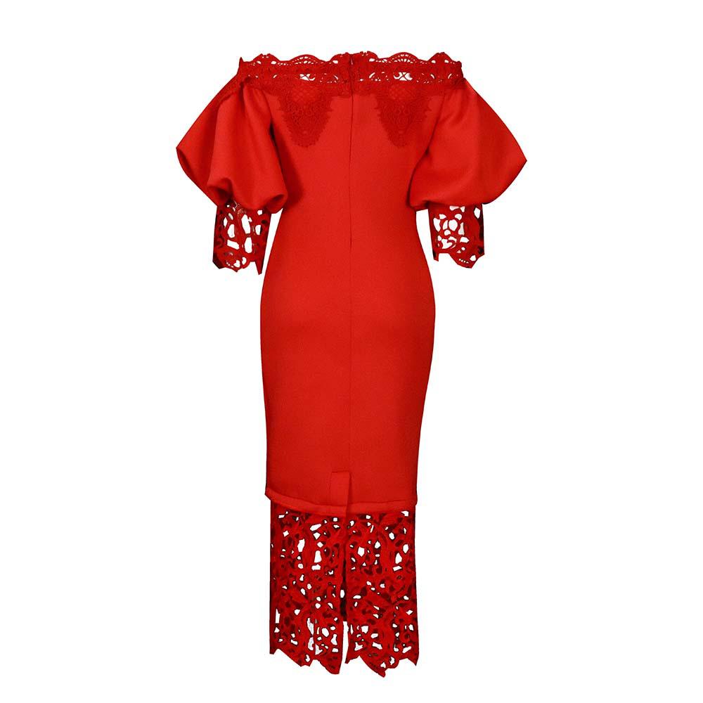 D247 Off-Shoulder Cold-Shoulder Bodycon Dress with Lace Patchwork and Lantern Sleeves