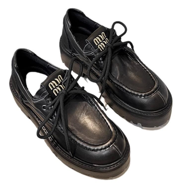 Small Leather Shoes Women's Polished Platform Mumu New 2025 Retro Style Round Head Lace-up Casual Versatile Heightening Loafers