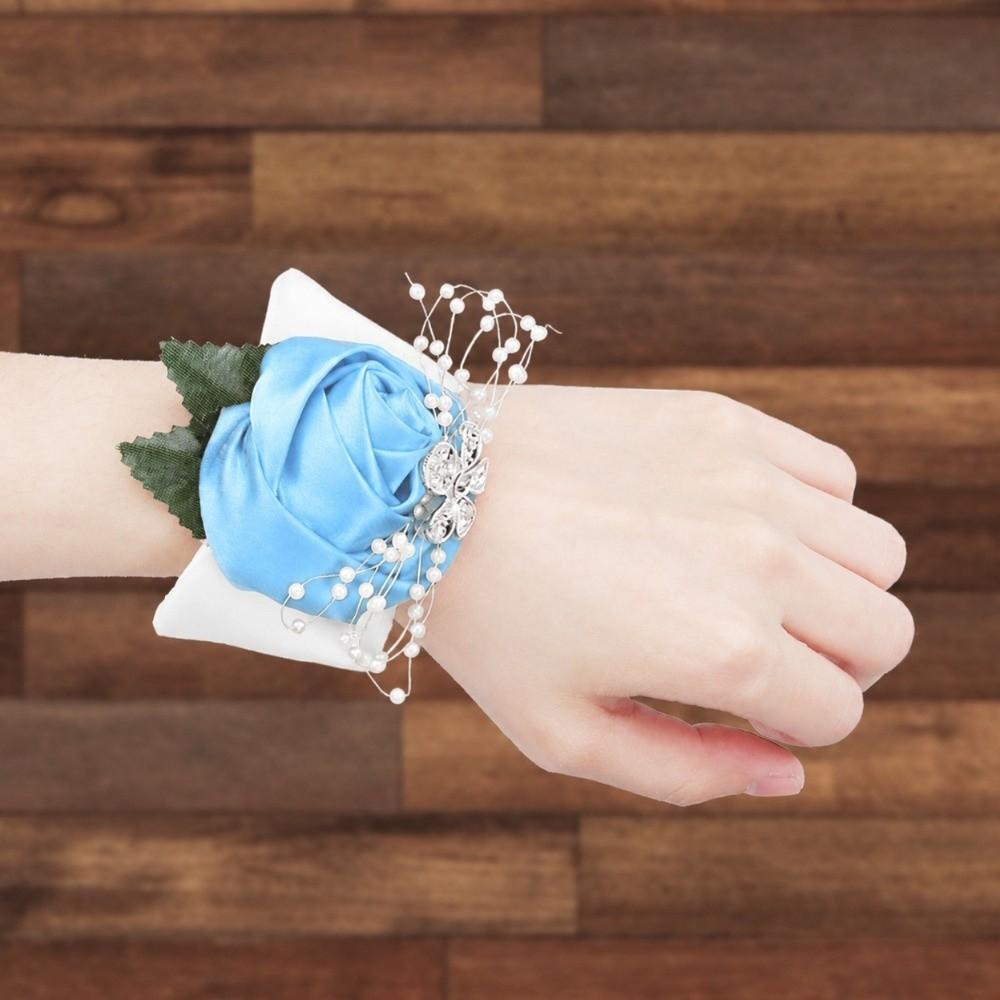 2pcs Pearl Rhinestone Wrist Corsage Diamond Rose Wedding Corsage For Bridesmaid