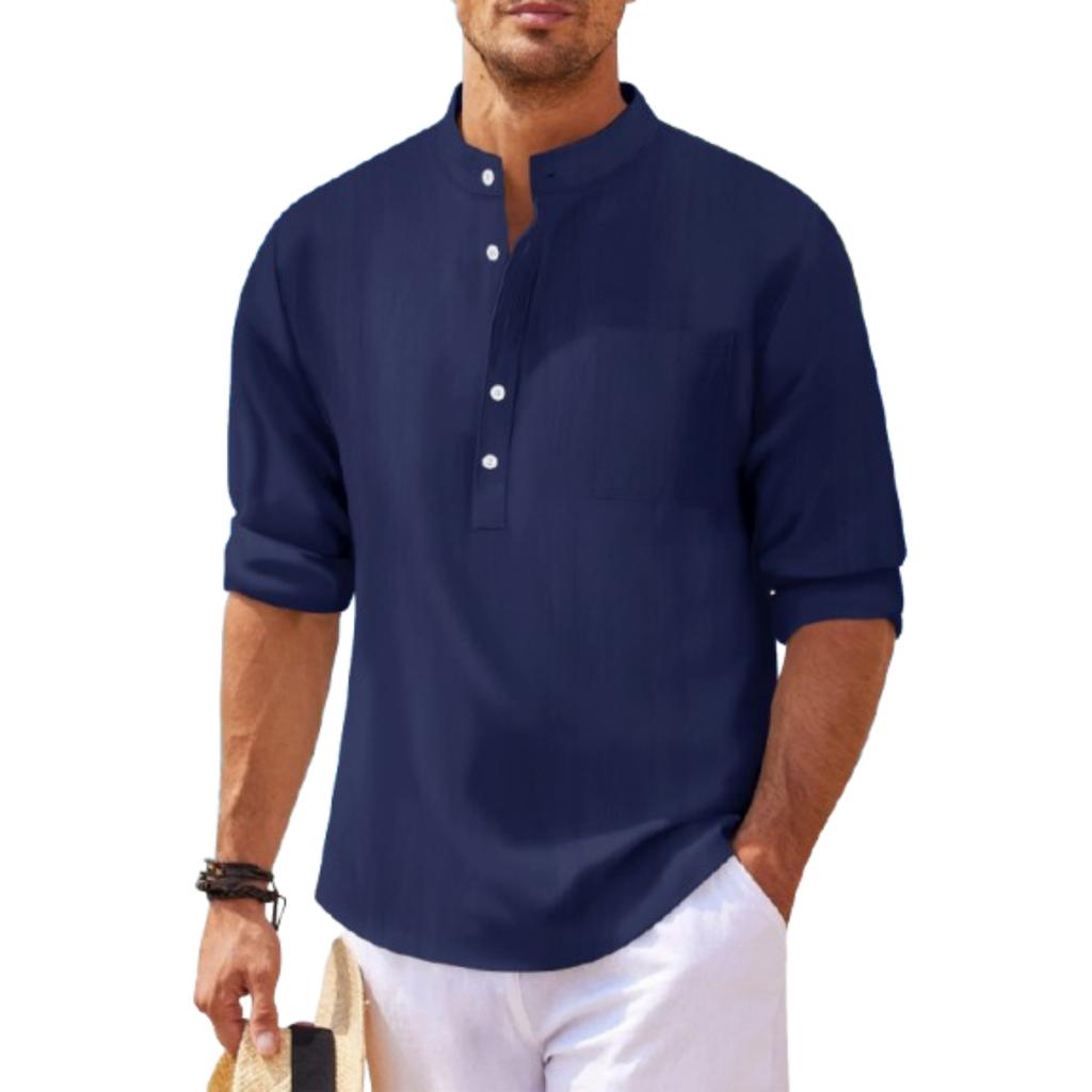 Men's Casual Cotton Linen Stand,up Collar Long,sleeved Shirt