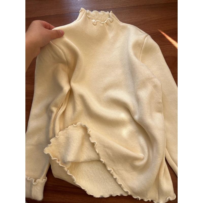 Fungus Edge Fleece Thickened Semi-turtleneck Sweater Women's Spring Soft Waxy Bottoming Shirt Top with Knitted Sweater Inside