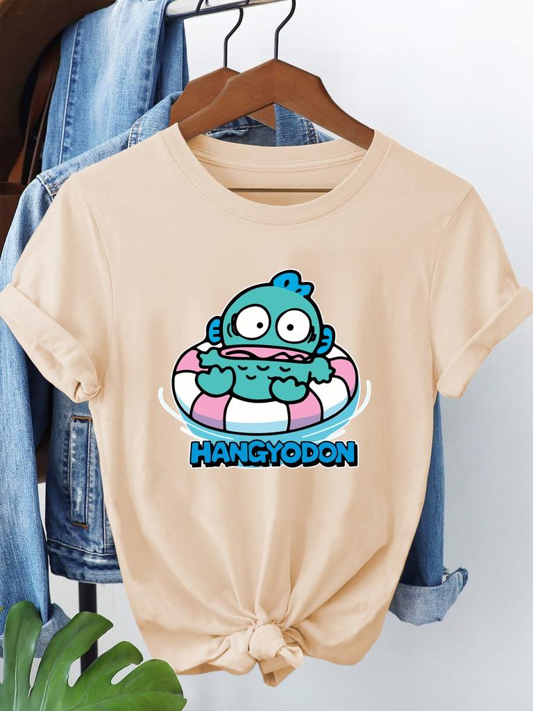 Women'S HANGYODON Graphic T-Shirt Casual Crew Neck Short Sleeve Tee with Playful Green Character Design Playful Print Trendy