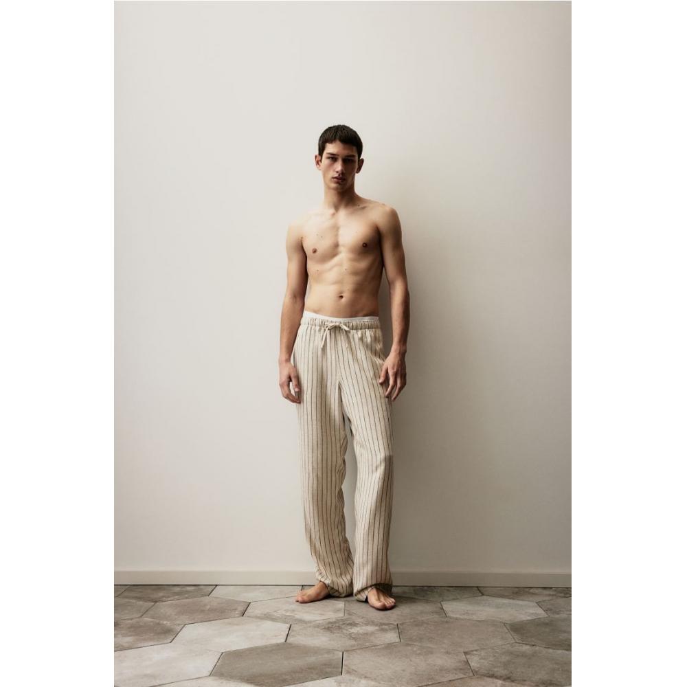 

Брюки HM свободного кроя из смесового льна, светло-бежевые в полоску