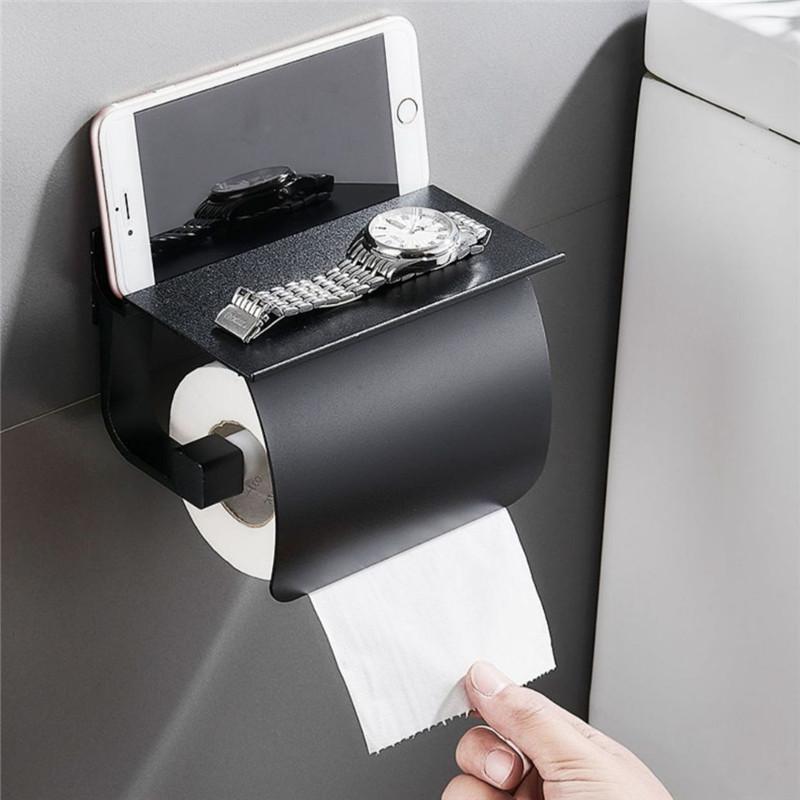 Tuqiu Black Toilet Paper Holder Silver Tissue Paper Holder Aluminium Paper Roll Holder With Phone Storage Shelf