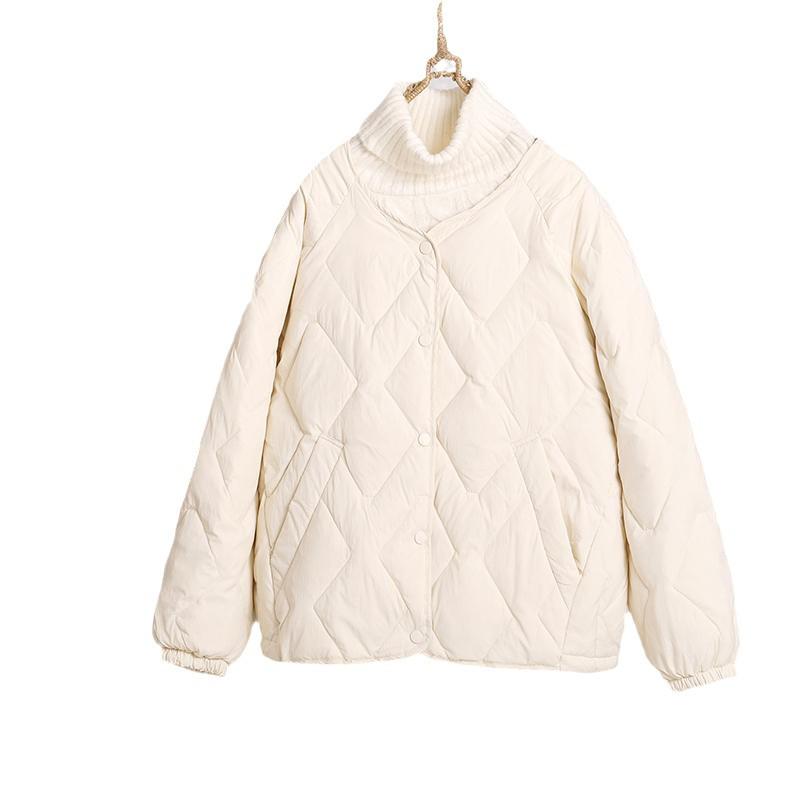 Women's Diamond Quilted V-Neck Down Jacket - White Petite Lightweight Outerwear, Short Autumn/Winter 2024 Fashion.