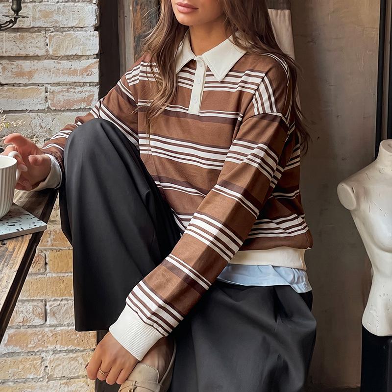 TEMU 2026 Autumn/Winter Women's Retro Striped Polo Collar Half-Zip Loose Hoodie