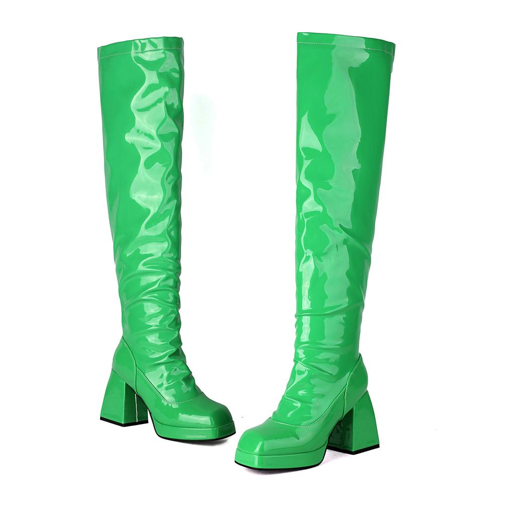 Winter Thigh High Boots Women's Patent Leather Pleated Boots Over the Knee Soft PU Chunky 9cm Heels Platform Shoes