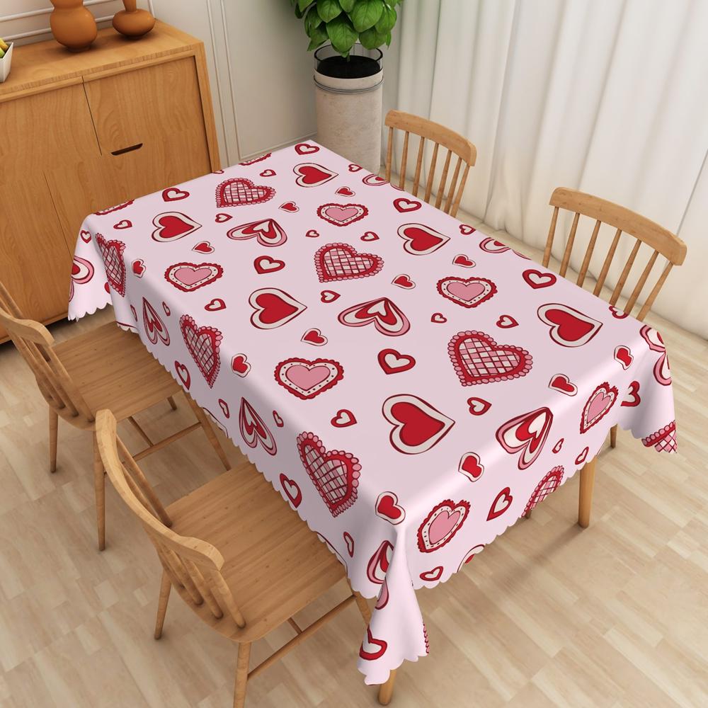 Valentines Day Tablecloth Waterproof Pink Red Heart Pattern Romantic Dinner Date Washable Kitchen Table Cover Wedding Decoration