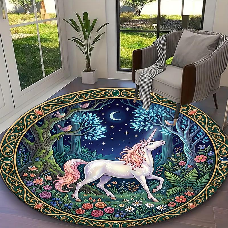 1pc Office Printed Round Carpet, Enchanted Starry Unicorn Rug, Home Sofa Chair Mat For Christmas and Halloween Décor