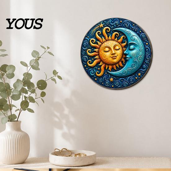 Modern Boho Wall Ornament Sun And Moon Art, 8Inch Round Metal Sign, Vintage Hanging Decoration for Home Living Room Bedroom Entrance Decor Retro Art