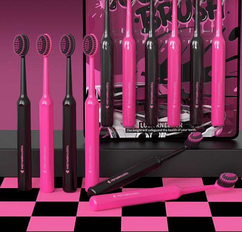 LR Black Pink Series Měkké zubní kartáčky [Balení 6 ks] - Konvexní design ve tvaru vlny pro dospělé