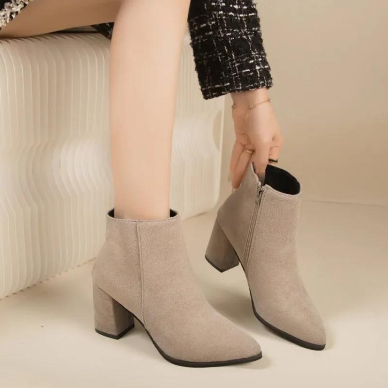 Suede short boots for women 2025 autumn and winter new item pointed toe thick heel women's high-heeled fashion boots