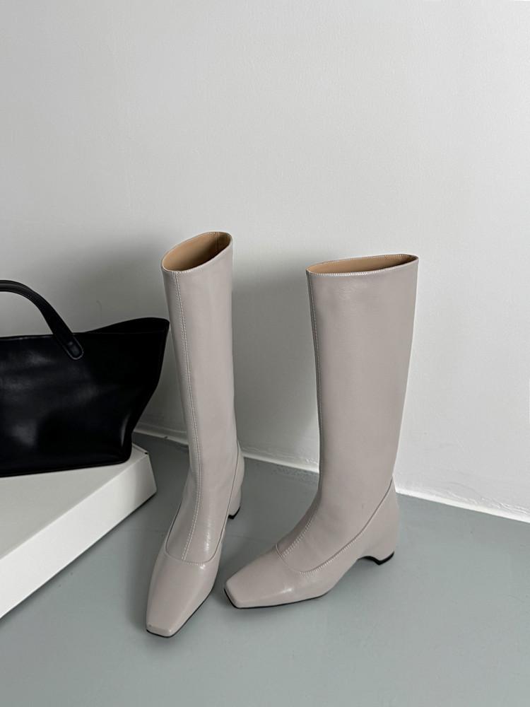 Niche square head thick heel soft leather high trouser boots fried street hot girl height increase white but knee knight boots