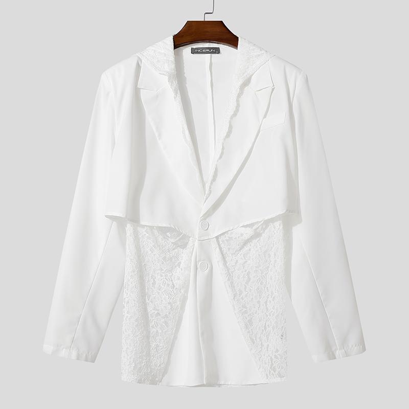 INCERUN Herren Tiefer V-Ausschnitt Langarm Spitze Patchwork Kapuzen Party Blazer Mäntel