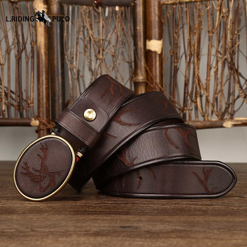 Cintura Trendy con Fibbia Liscia a Motivo Intagliato Retro Uomo Vera Pelle Primo Strato Pelle Bovina Cintura con Fibbia Uomo