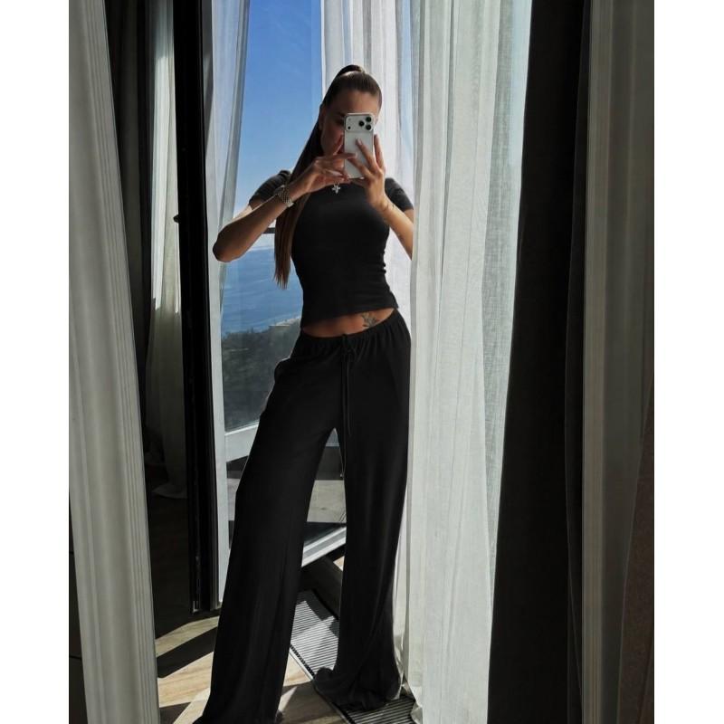 Womens Casual 2-Piece Set: Slim Fit Round Neck Short Sleeve Tee High-Waist Drawstring Wide Leg Pants